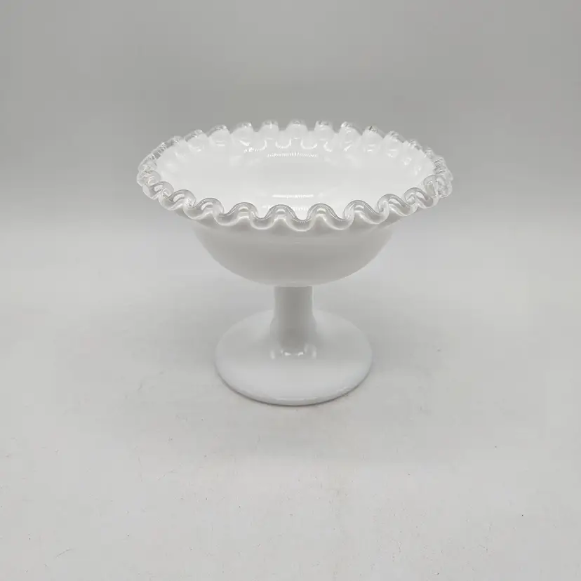 Fenton Milk Glass Silver Crest Ruffled Edge Small Compote