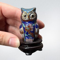 Miniature Cloisonné Owl With Wooden Stand, Colorful Floral Cloisonné Owl Figurine, Mini Cloisonné Horned Owl