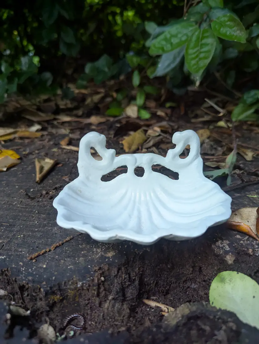 Antique French White Enamel Scallop Shell Soap Dish Vintage Bathroom Enamelware