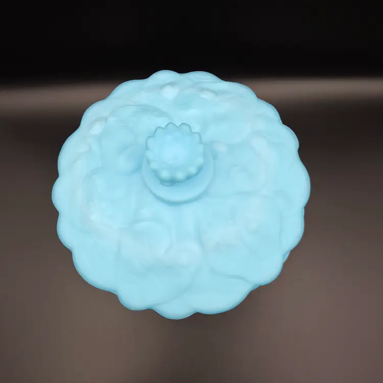 Vintage Fenton Blue Satin Glass Water Lilies Covered Compote Candy Dish
