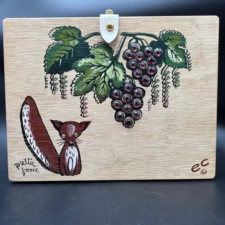 Enid Collins Prettie Foxie Wood The Original Box Bag Purse Fox Grapes 1962 Texas