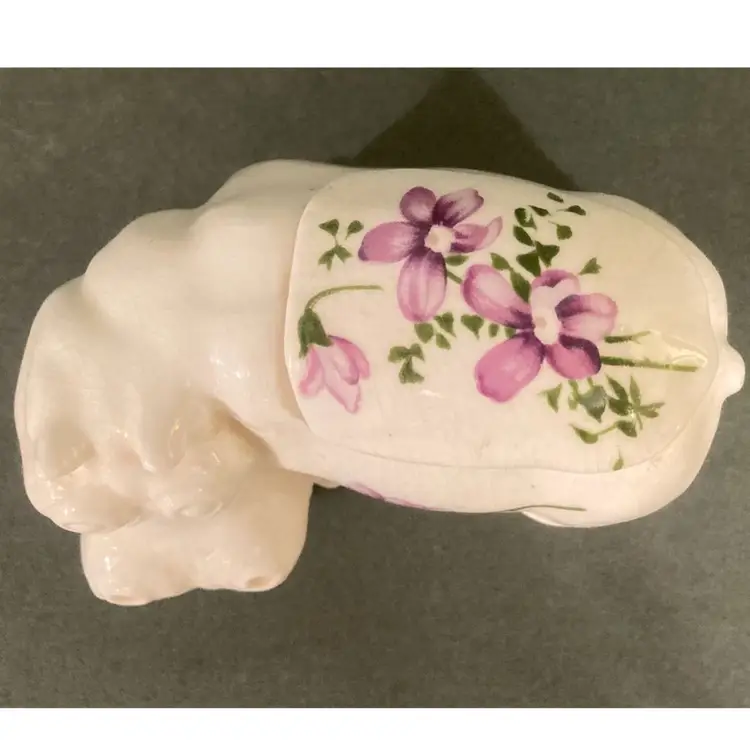 House Hippo Mini Trinket Box Bone China Purple Flowers 
