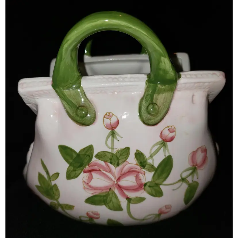 Vintage Ceramic Purse Pocketbook Decor Planter Vase Pink Roses Unmarked