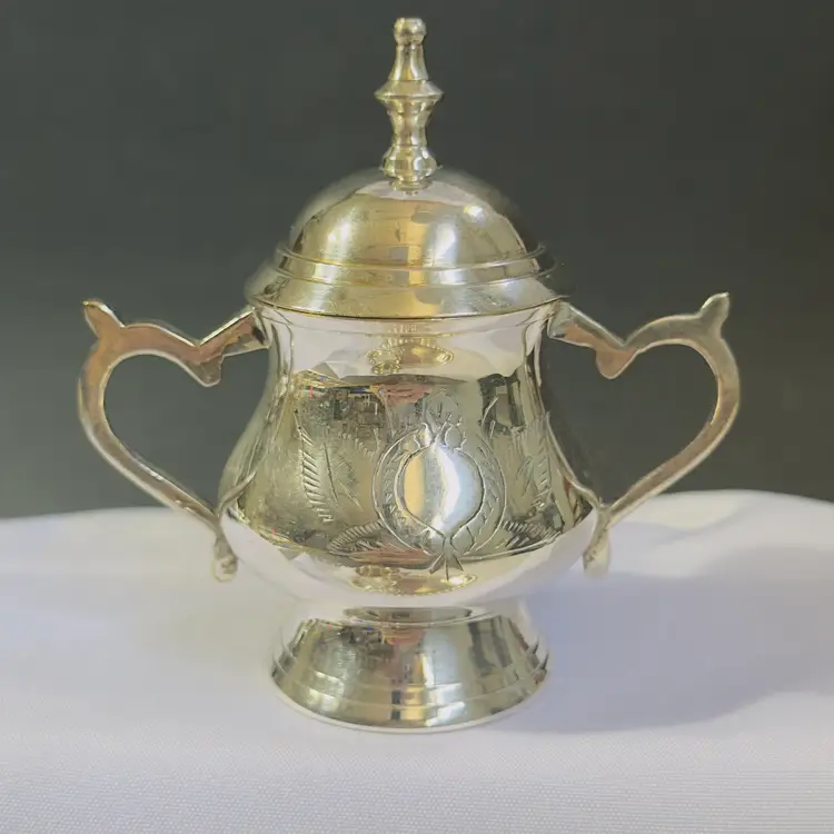 #1233 Vintage Silver Plated Sugar Bowl w Lid and Creamer & Tray, Engraved Design, "Commodore Solid Brass Collection" Made in India
