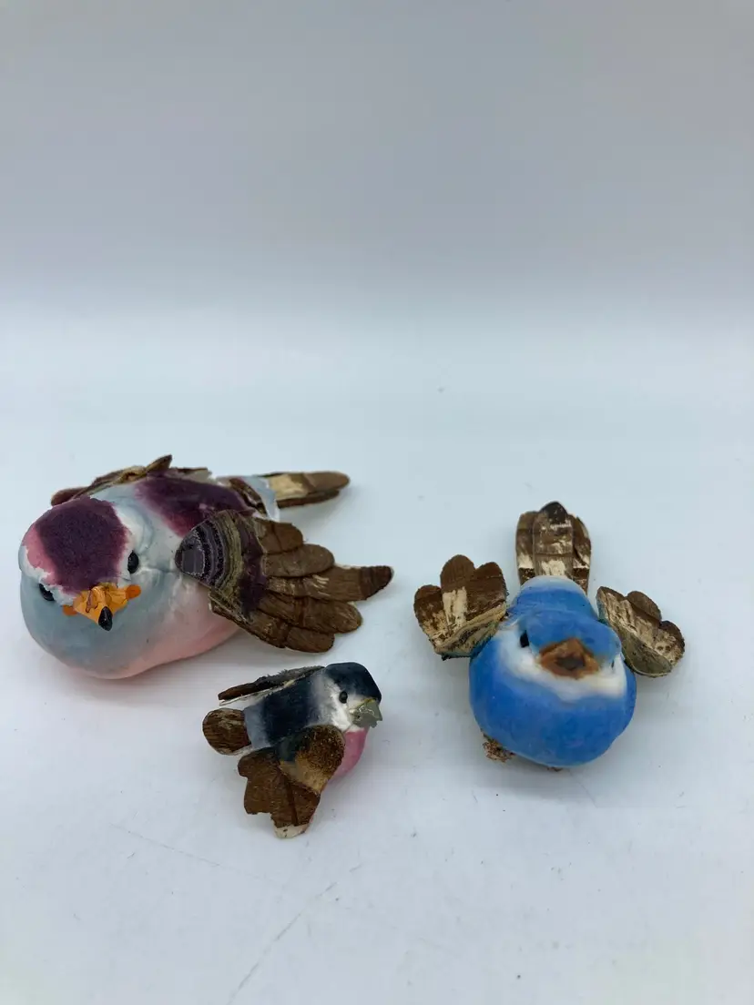 3 Blue Mushroom Birds with Wood Wings and Tails