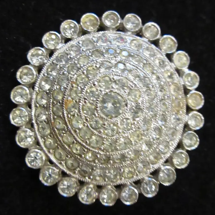 Vintage Silver Tone Metal with Pave Set Rhinestones Domed Brooch Pin - 1.25 Inch Diameter
