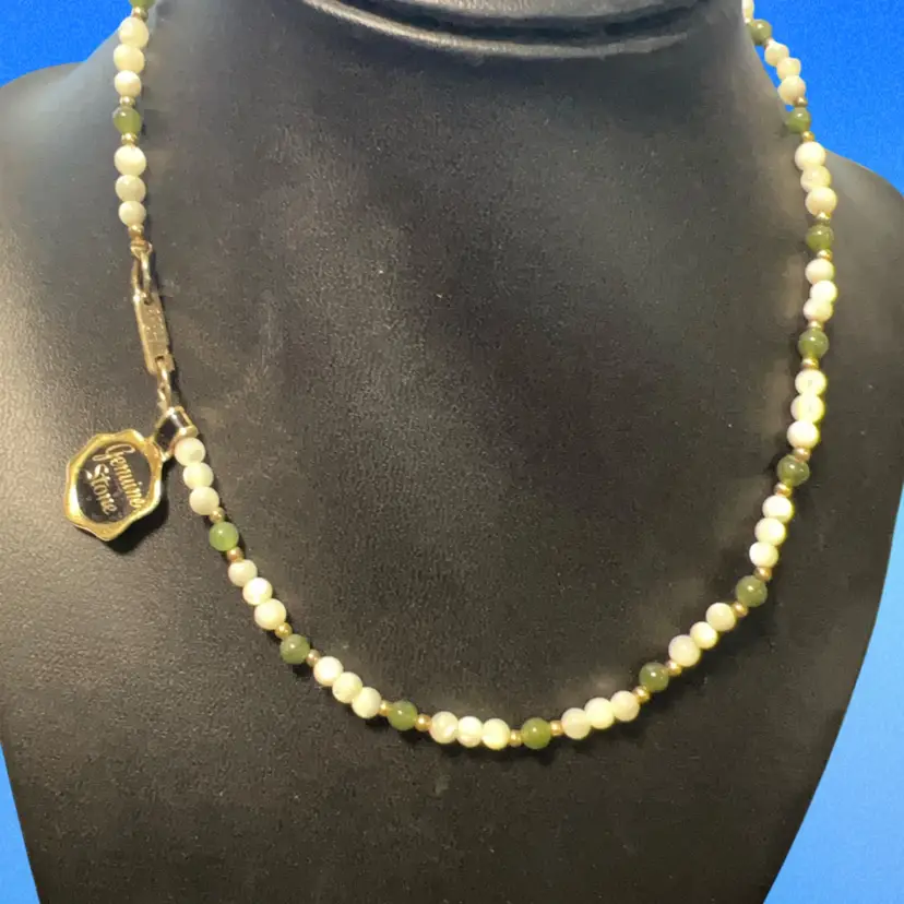 Vintage Hobe Moonstone And Jadeite 14”with Gold Bead Spacers Necklace , Original Tag