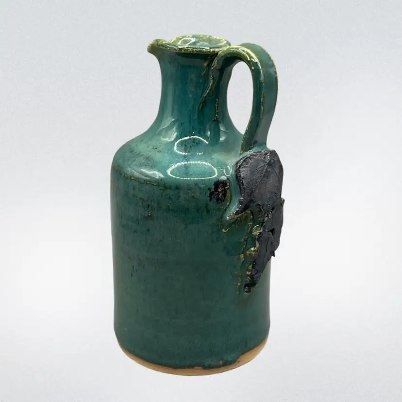 Signed Pottery Mini Pitcher Green with Applied Leaves 5.25”