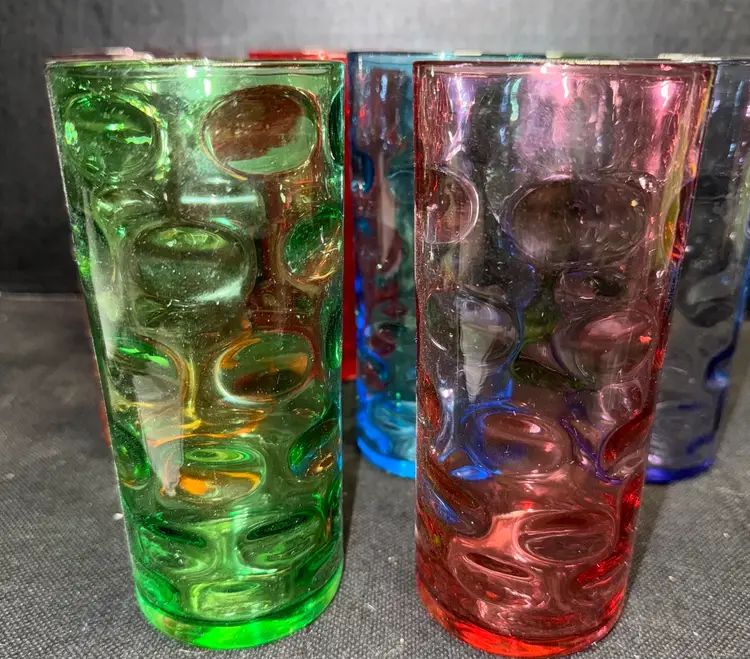 8 Inverted Thumbprint MCM Highball Glasses Red, Purple, Blue, Green, Pink