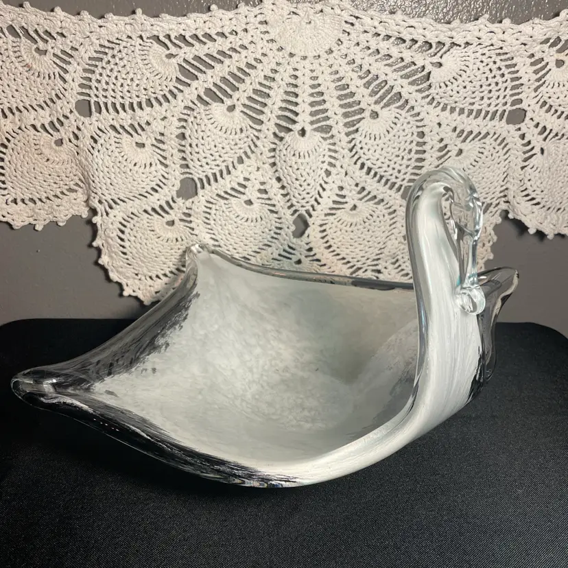 VINTAGE MURANO STYLE ART GLASS SWIRL BOWL WHITE SWIRL CENTERPIECE MID CENTURY