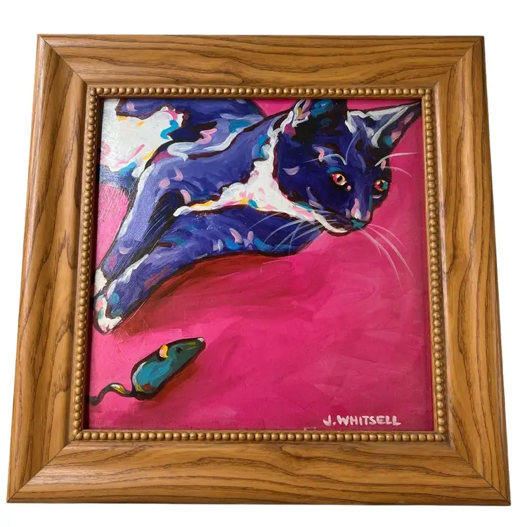 Artist Signed Acrylic 16"x16" Cat And Mouse On Pink Background