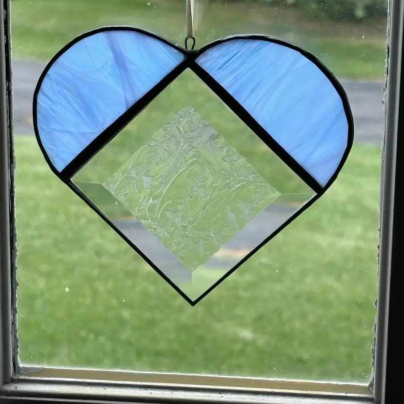 Stained glass Heart Suncatcher Ornament Blue, Clear Beveled Center Panel