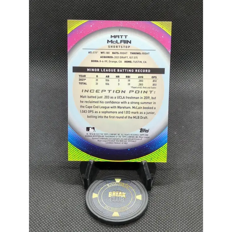 2022 Bowman Inception #3 Matt McLain Gold Foil /50