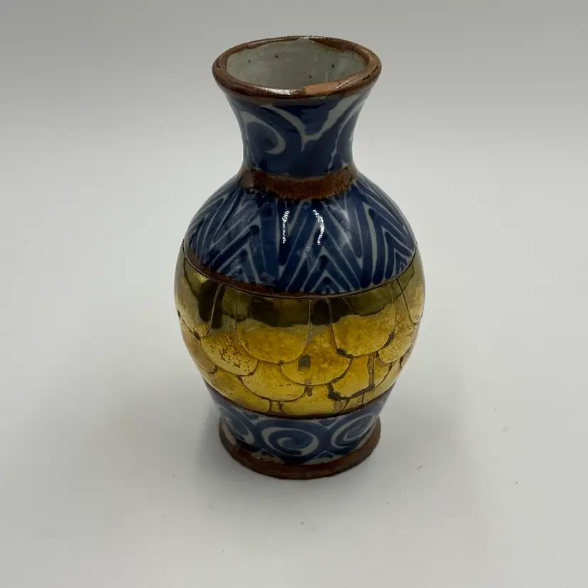 Mexican Tonala Ceramic Armored Brass Scales Overlay Vintage Hand Painted Vase