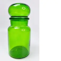 Vintage Belgium Apothecary Jar Green Glass with Lid and Plastic Seal 7" Tall