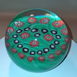 Vintage Gentile Glass 3.5" Size Green/Red Version Millefiori Heart Paperweight