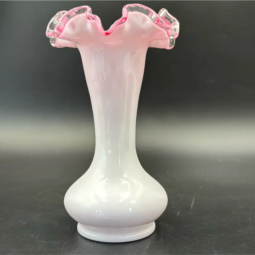 Vintage Fenton, White Milk, Glass Case Pink Silver Crest Vase