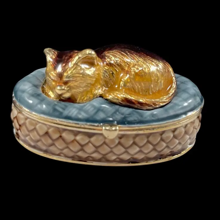 Monet Enamel Cat Magnetic Trinket Box, Monet Collectible Box Sleeping Cat, Enamel Monet Keepsake Box, Kitten In Basket Trinket Box