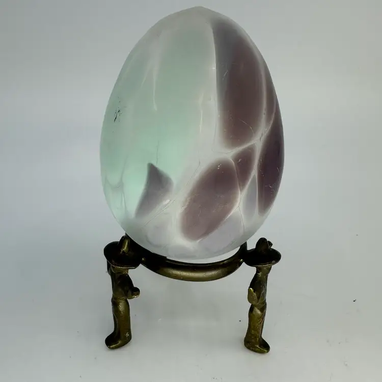 Art Glass Egg Shaped Hollow Paperweight & Brass Stand