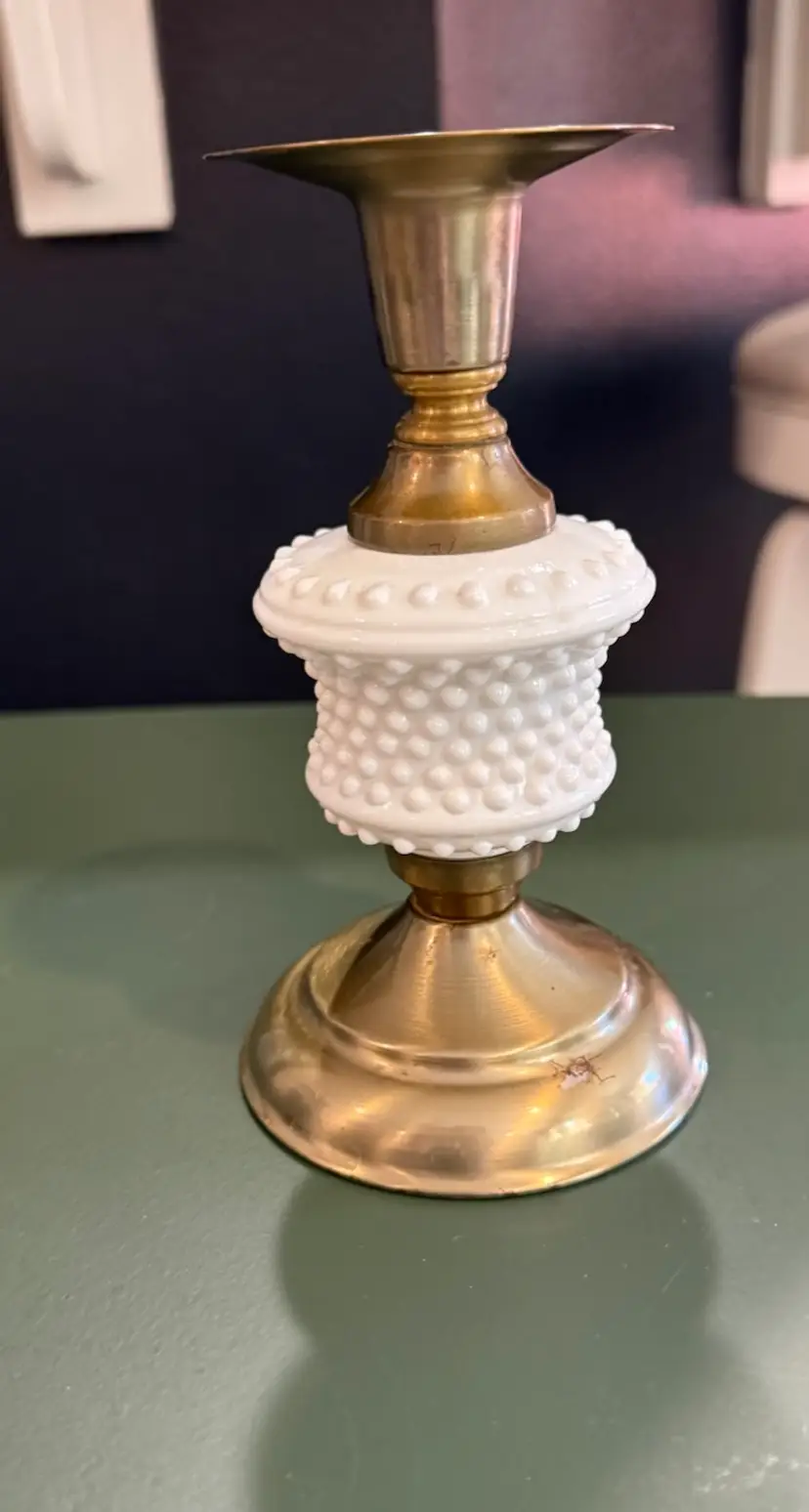 Vintage Hobnail Milk Glass & Metal Candlestick Holder – 6 1/4” Mid-Century Decor