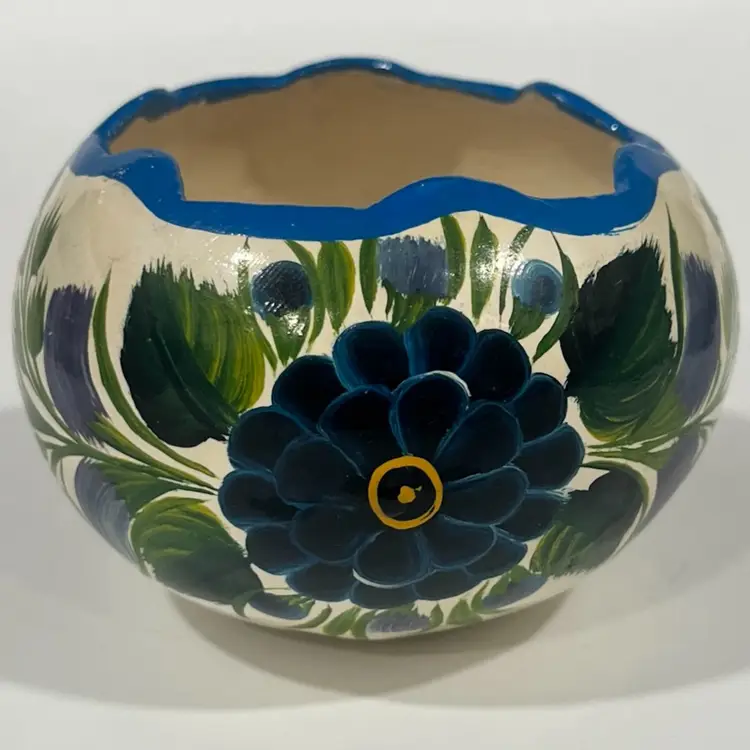 Hand Painted Gourd- Floral Bowl – Scalloped Rim, Folk Art- 2” Tall, 3” Wide - Vintage