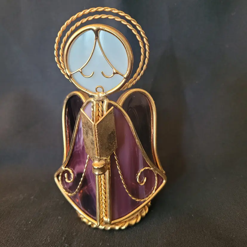 Vtg Purple & White Stained Glass Standing Singing Angel Hymnal 2.75 x 5.5 inches