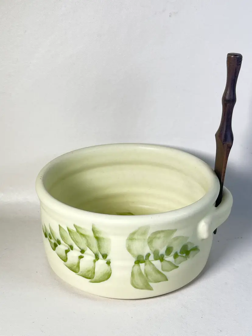Hilborn Studio Art Pottery Condiment Butter Dish w/ Knife Fern Leaf, Signed