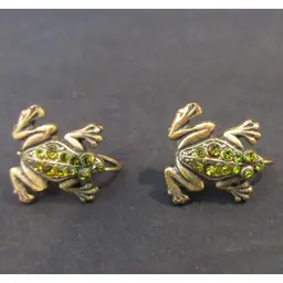 Vintage Bronze Tone Metal and Green Rhinestone Frog Pierced Leverback Earrings - 3/4 Inch