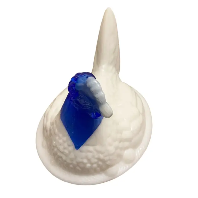 Fenton For LG Wright Milk Glass Hen w/Cobalt Blue Head - Top Only! No Nest!  2.75” X 5.5”