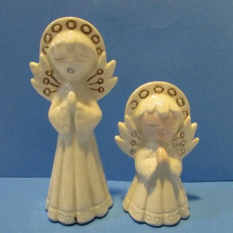 set of 2 vintage white ceramic angel praying signing figurines Christmas decor