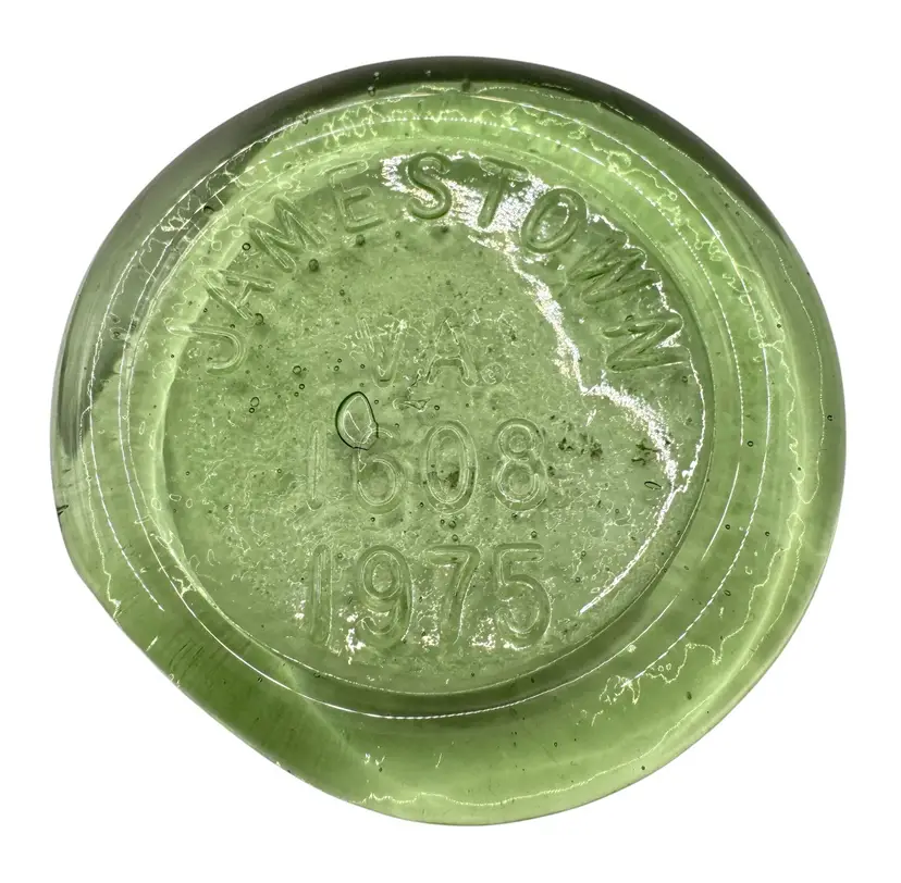 Vintage Jamestown VA 1608-1975 Green Glass Commemorative Paperweight Disc 3.25”