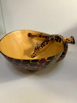 Hand Carved African Wooden Giraffe Handle Bowl Wooden Hand Painted Design