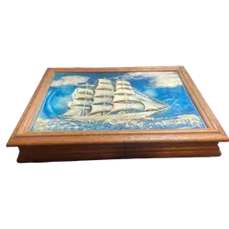 1960's Dante Incolay Stone & Mahogany Clipper Ship Jewelry Box, 9" x 12.5"