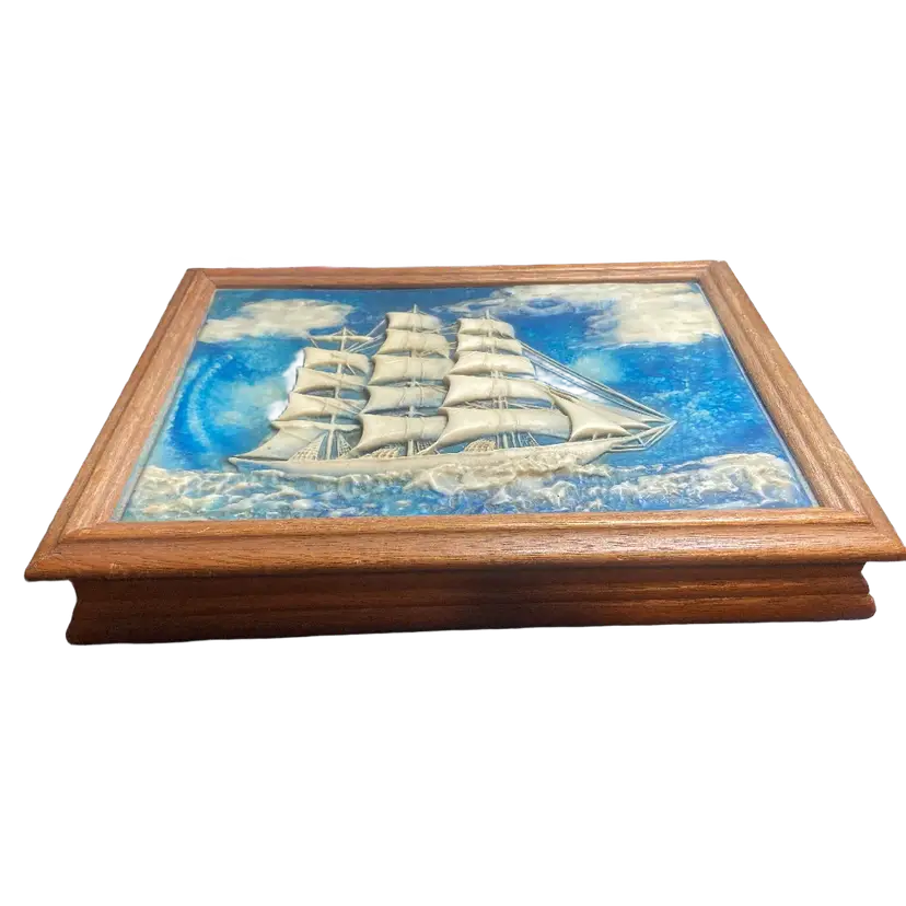 1960's Dante Incolay Stone & Mahogany Clipper Ship Jewelry Box, 9" x 12.5"