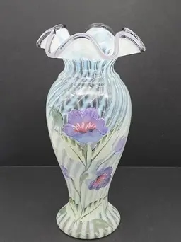 Fenton Opalescent Swirl Vase with Painted Violets Signed D. Fredrick 11"