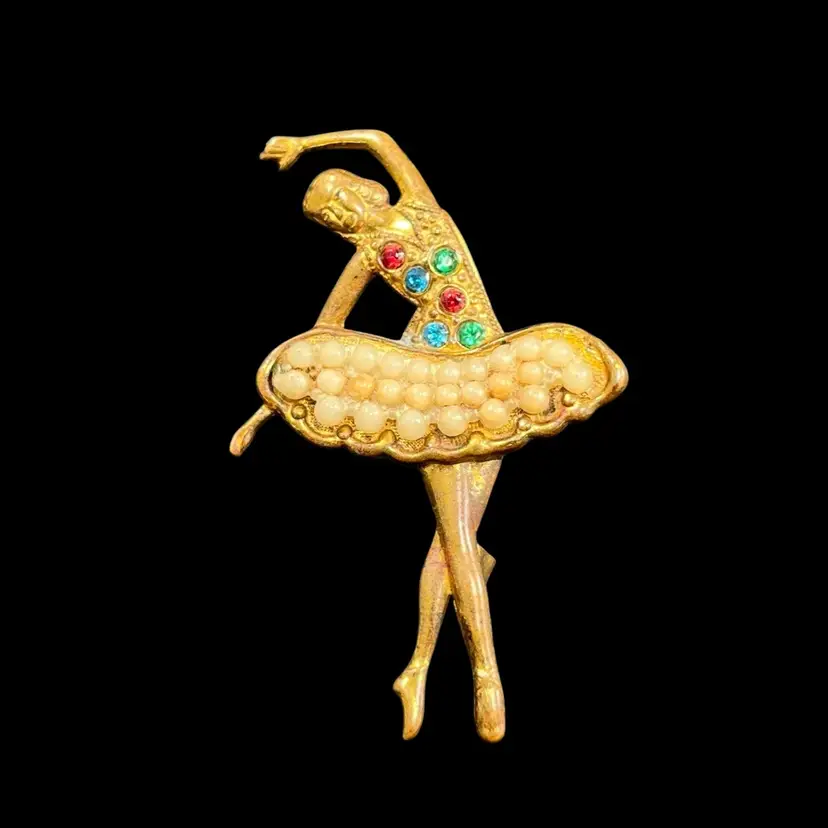 Gold Tone Multi Color Rhinestone And Faux Pearl Ballerina Brooch, Dancing Ballerina Brooch, Unique Vintage Jewelry, Vintage Costume Jewelry, Vintage Ballerina Brooch