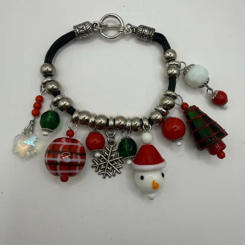 Art Glass Plaid Snowman Christmas Charm Bracelet 7.75”