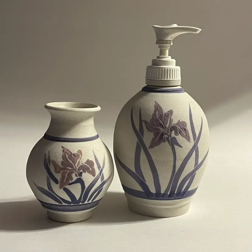Studio Pottery Soap Lotion Dispenser w/matching Bud Vase w/Iris SIGNED Stoneware