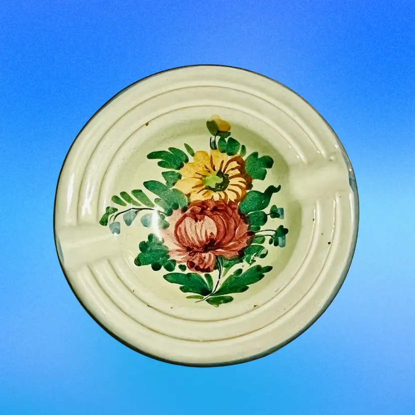 Vintage Ceramic Handpainted Floral Boho Cottage Core Style Ashtray Made In Italy