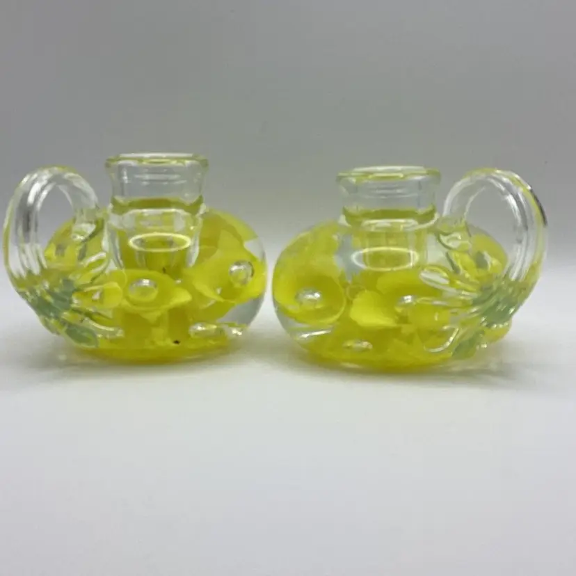 Joe St Clair Art Glass Candle Holder Paperweight Yellow Flowers Set Of 2