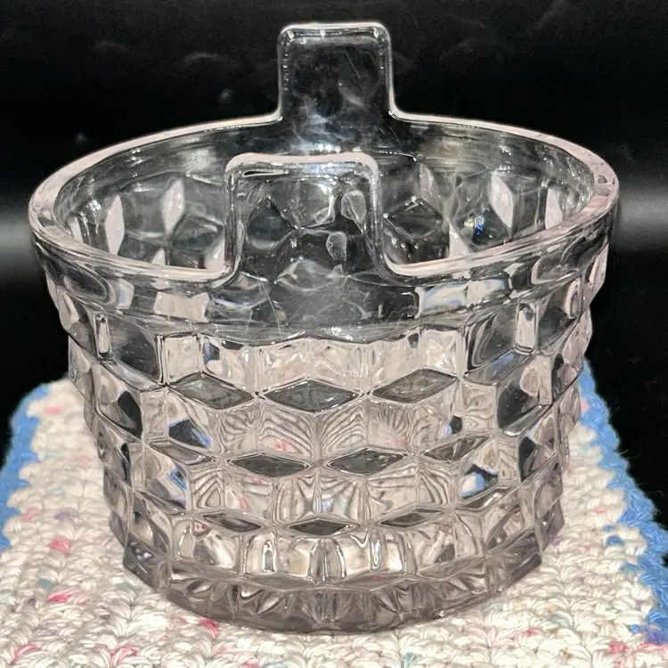 Vintage Fostoria American Clear Cubist Glass Ice Bucket Basket with tab handles