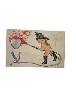 Antique Valentine's Day Postcard Fireman Cupid Puts Out Burning Heart Ethel DeWees Circa 1910