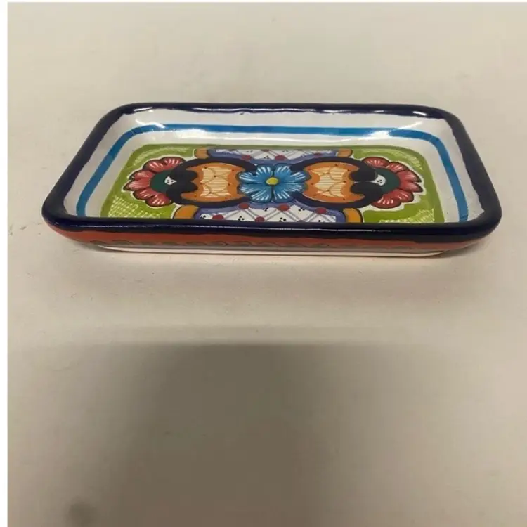 Puebla Mexico Talavera Ceramic Pottery Rectangular Signed Trinket Tray Dish
