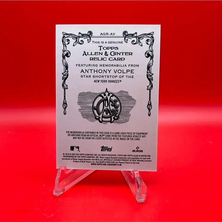 Anthony Volpe 2025 Topps Allen & Ginter Full Size Relic New York Yankees