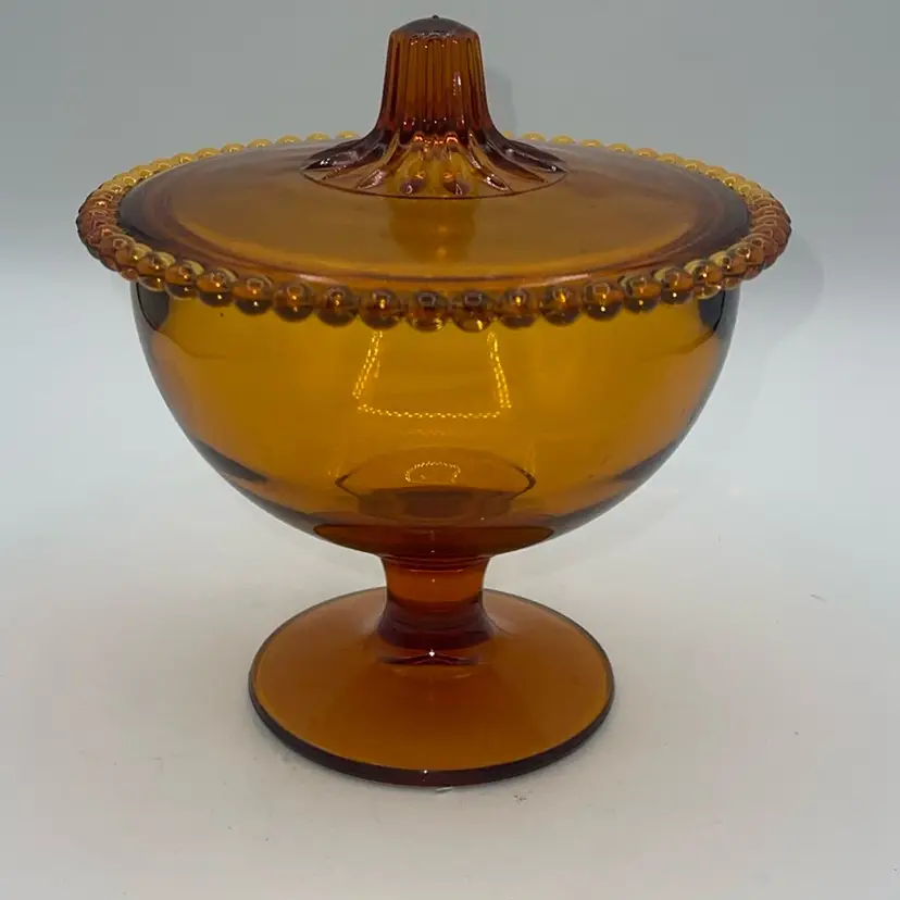 Indiana Glass Candy Dish Lid Amber Vtg Beaded Edge Pedestal Fall Autumn