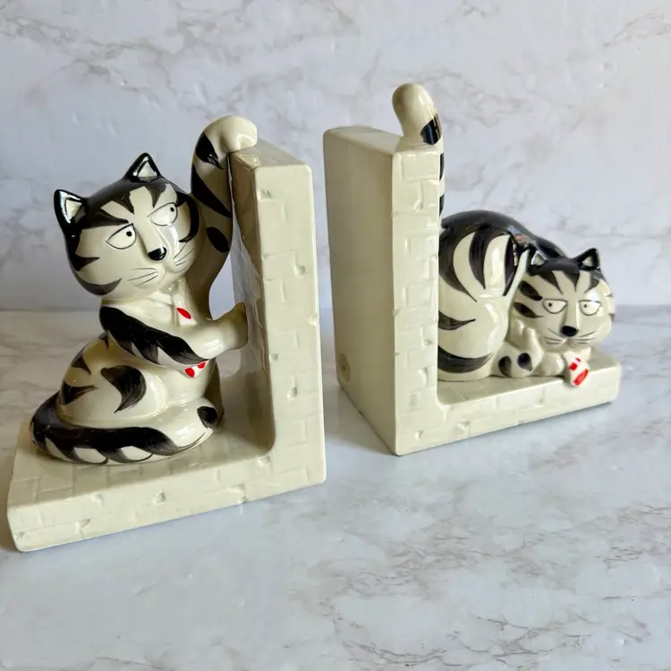 Vintage 1980s Takahashi Tom Cat Bookends Grey Black Tabby