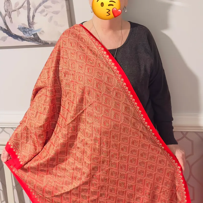 #1880 Red & Gold Embroidered Finished Woman's Ladies Scarf, Shawl Sari, Soft Cover, Stole