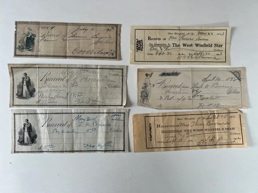 1800s- 1900s Antique Receipts. Payment Received Ephemera Farm Rent, Debt, Newspaper Receipts w Graphics