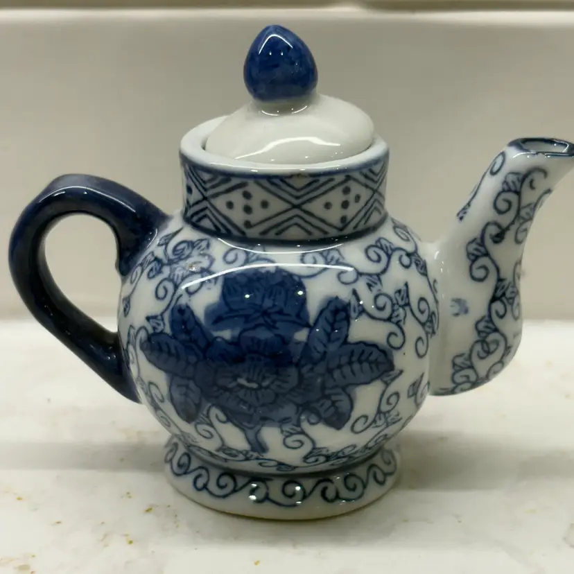 Vintage Miniature Blue and White Chinoiserie Teapot - Floral Porcelain Decor