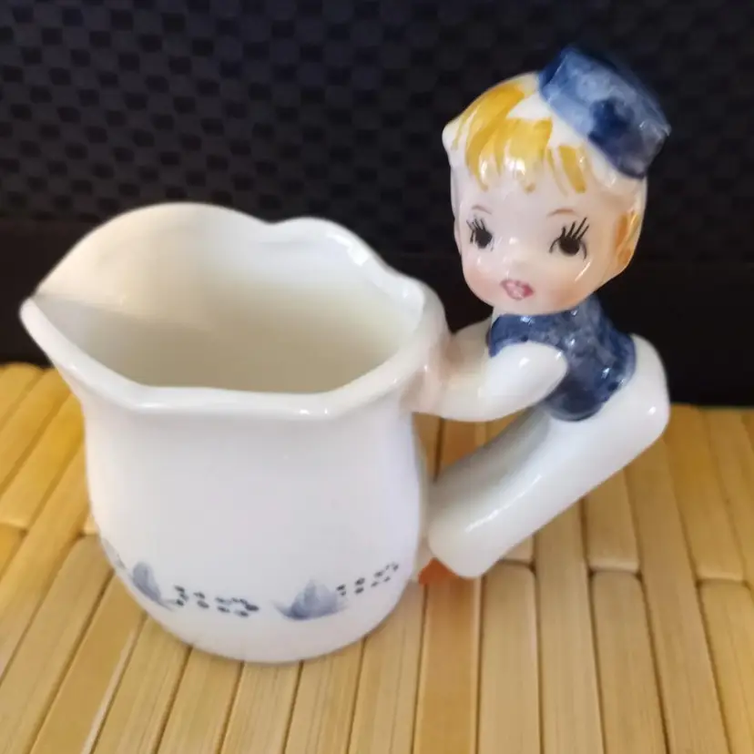 Vintage Midcentury Enesco Dutch Boy Figural Hand-painted Porcelain Mini Creamer, Boy is Handle, 4" Tall, Made in Japan 1950s -60s